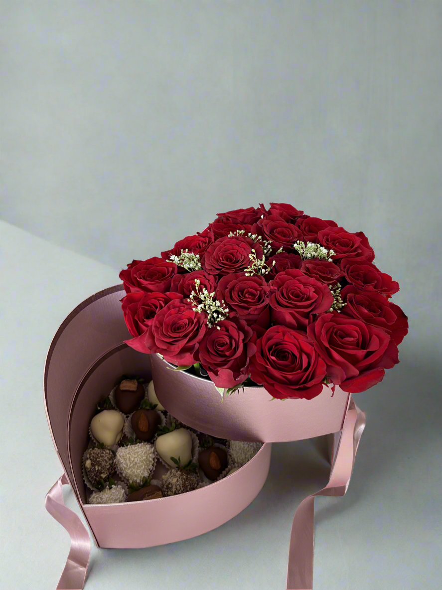 Flowers and chocolate dipped strawberries arrangement