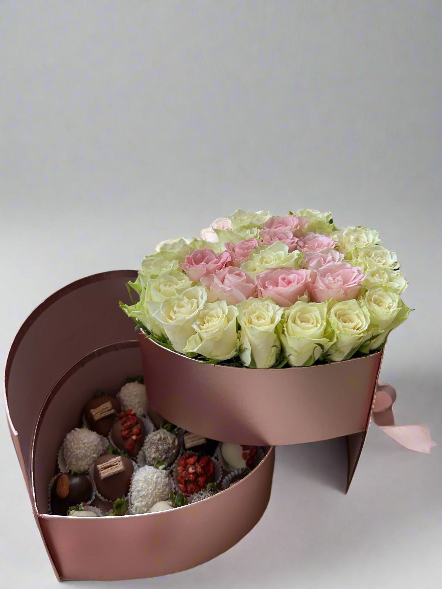 heart shaped two drawer box with roses and chocolate covered strawberries