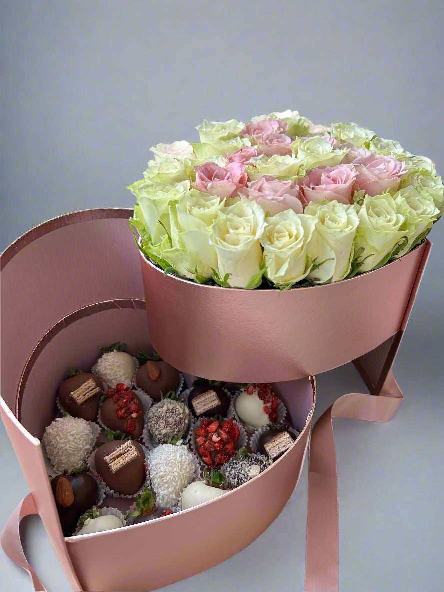 heart shaped two drawer box with roses and chocolate covered strawberries closer look