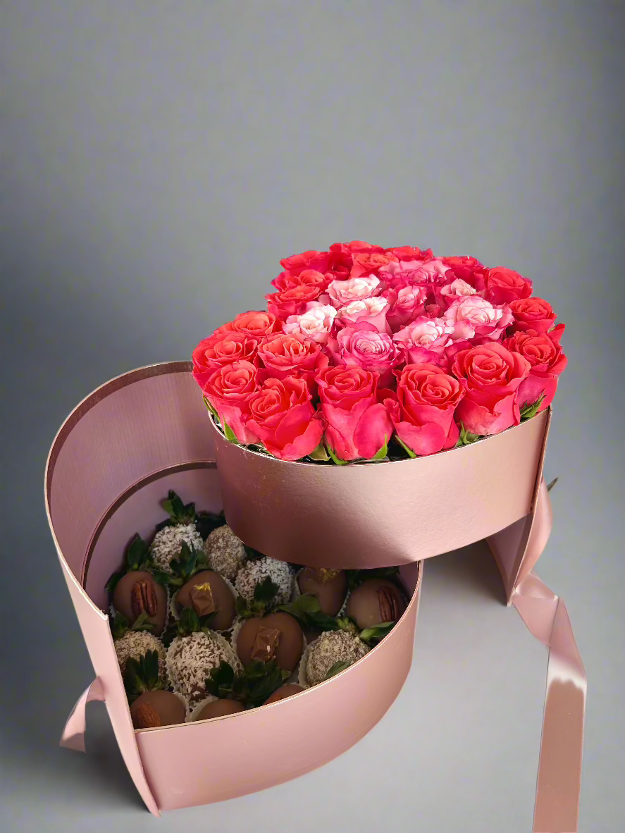 Pink two drawer heart shaped box with pink roses and milk dipped strawberries