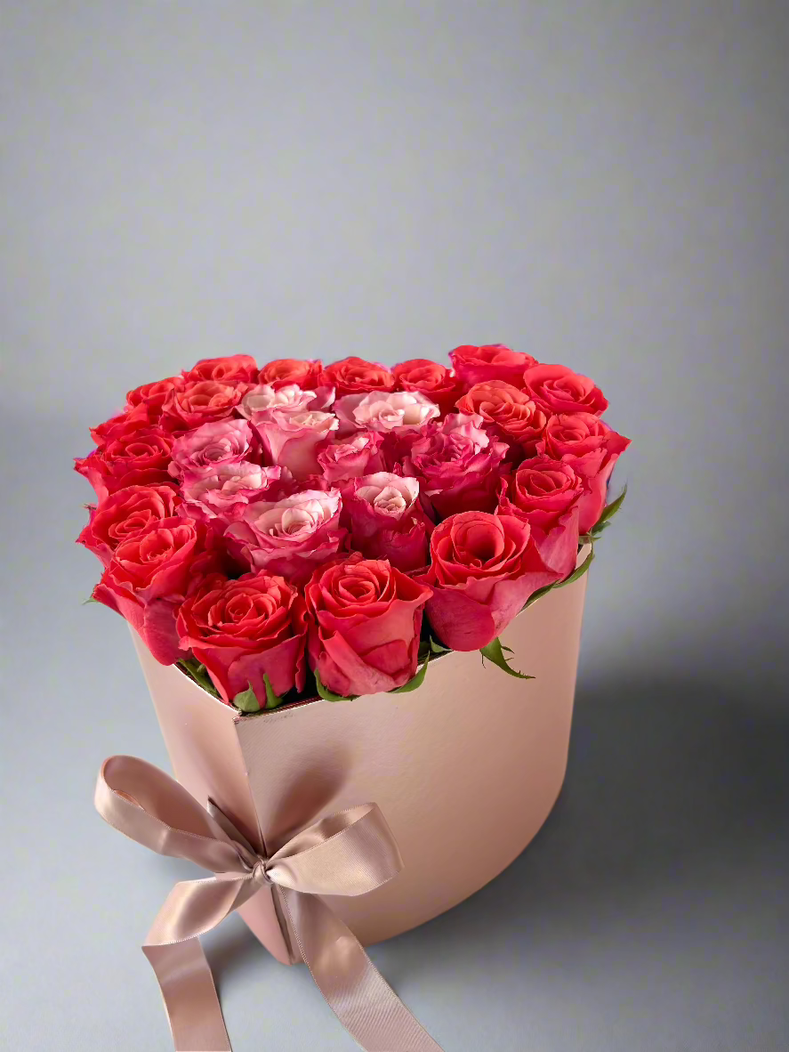 closed Pink two drawer heart shaped box with pink roses on the top