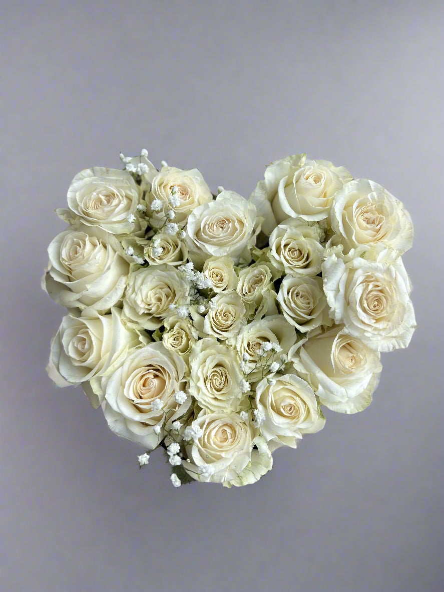 white roses in the box on the grey background